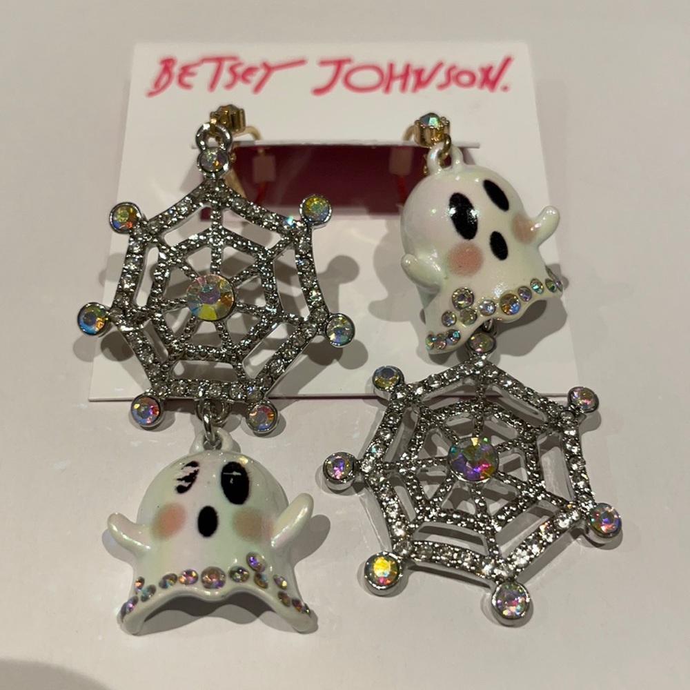 Brand New Never Worn Betsy Johnson White Ghost with Web earrings